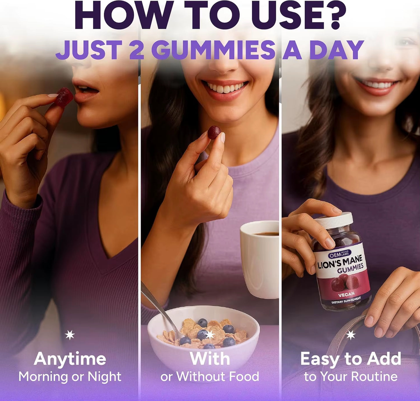 OEM Nootropic Supplement Lions Mane Gummies Supplement with Ashwagandha for Cognition Brain Fog Mental Clarity Focus Stress