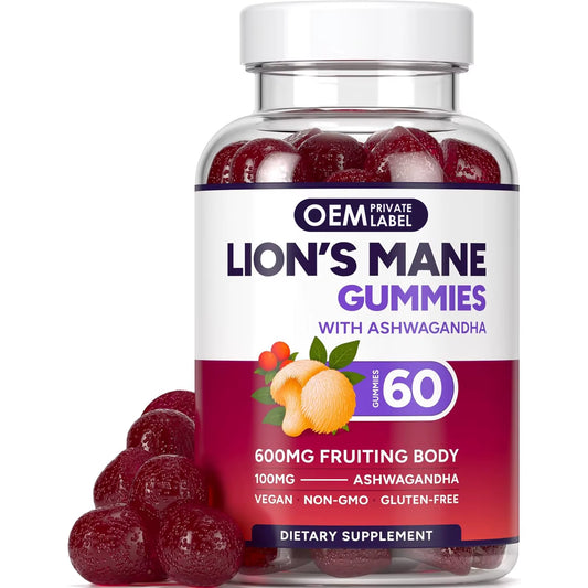 OEM Nootropic Supplement Lions Mane Gummies Supplement with Ashwagandha for Cognition Brain Fog Mental Clarity Focus Stress